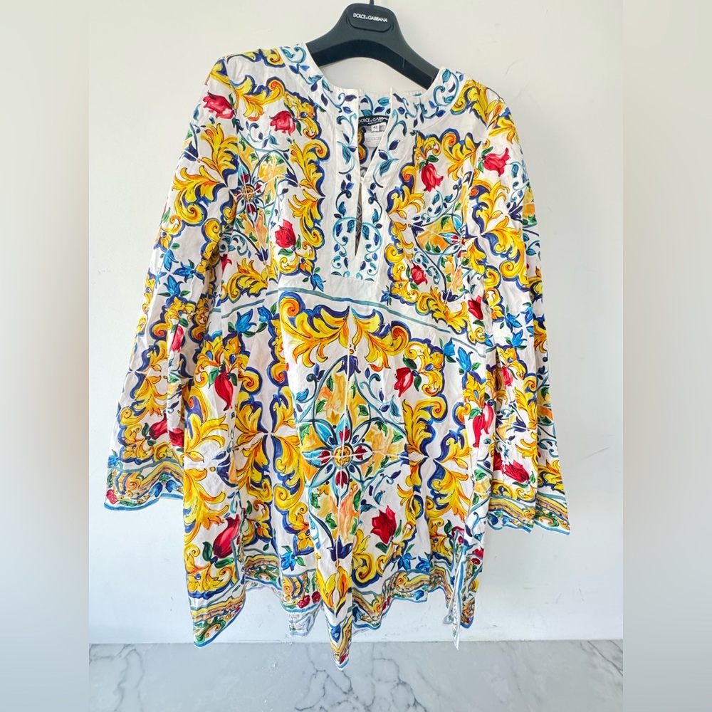 Dolce and Gabbana Majolica Printed Cotton Bell Sleeve Kaftan Dress size IT 42 - Picture 11 of 13